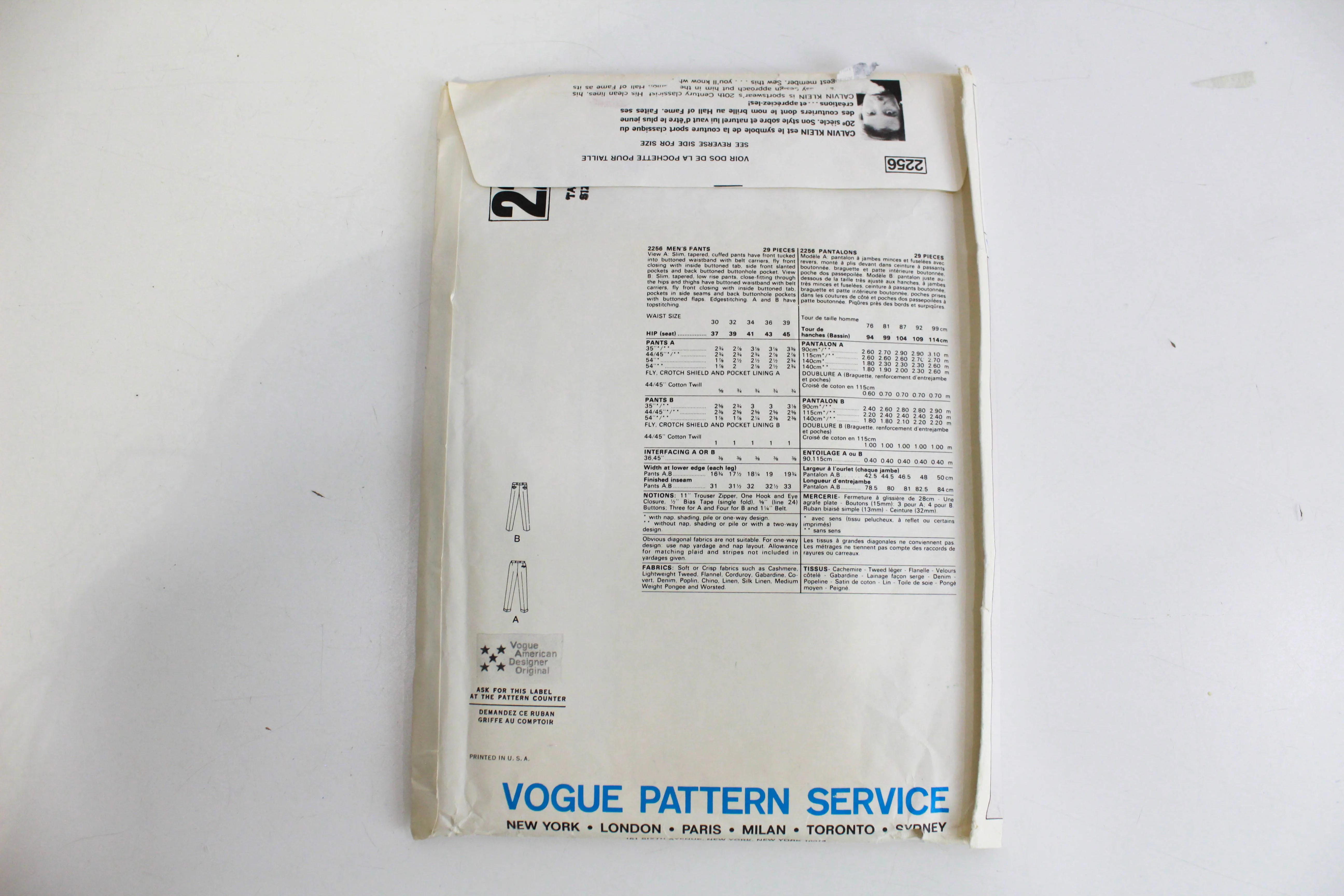 1970s Vogue American Designer 2256 Calvin Klein Sewing Pattern, UNCUT, Men's Pants Waist 34, FF Complete