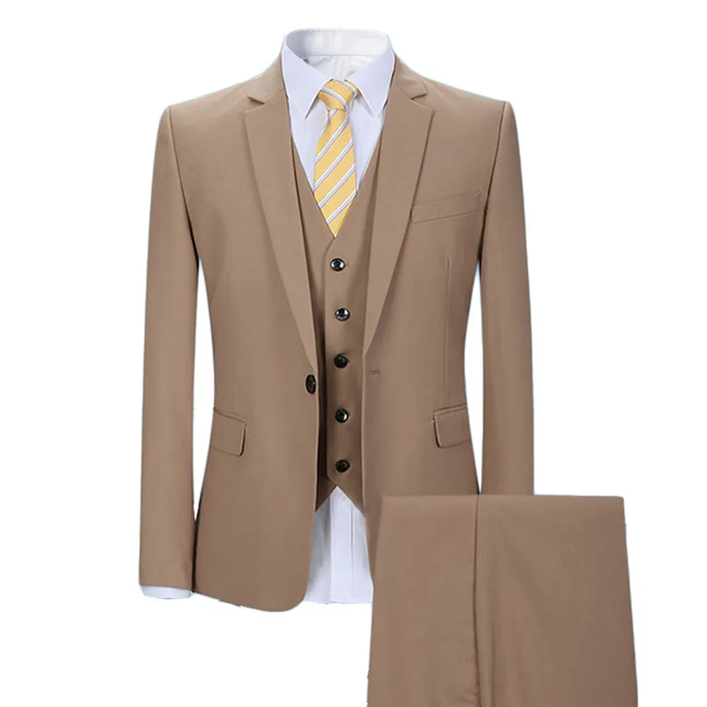 3-Piece Slim Fit Casual Suit Khaki