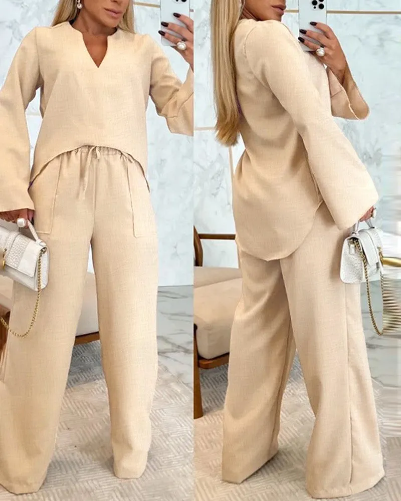 Asymmetrical Hem Notch Neck Top & Drawstring Straight Leg Pants Set