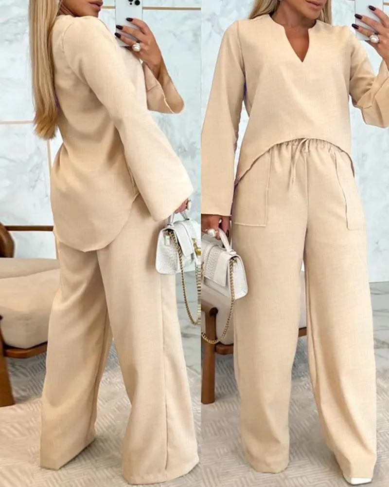 Asymmetrical Hem Notch Neck Top & Drawstring Straight Leg Pants Set