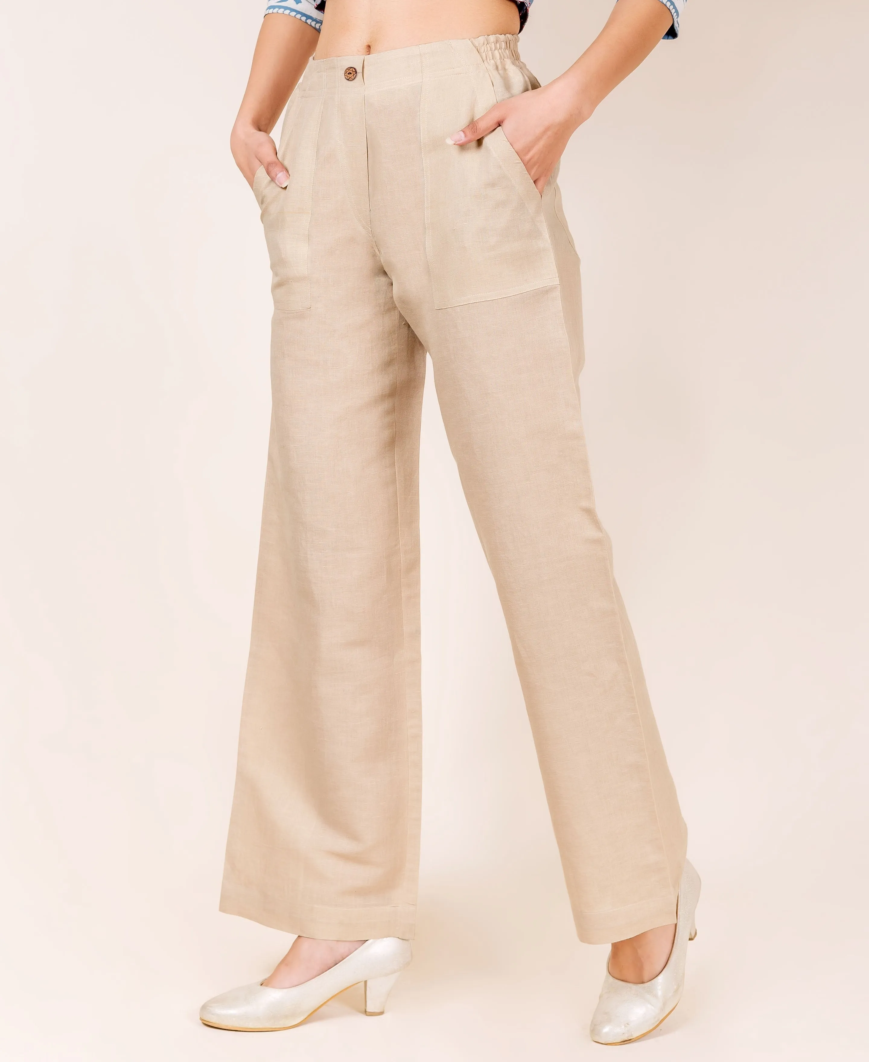 Beige Linen Solid Pants