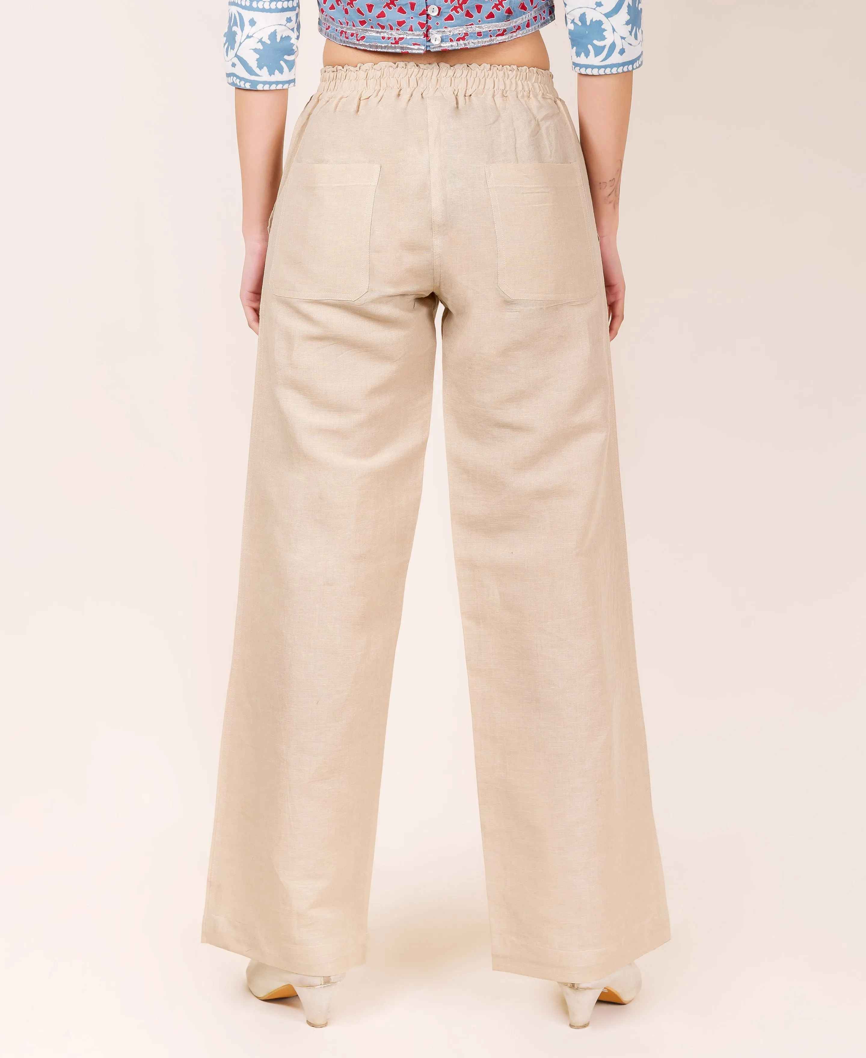 Beige Linen Solid Pants