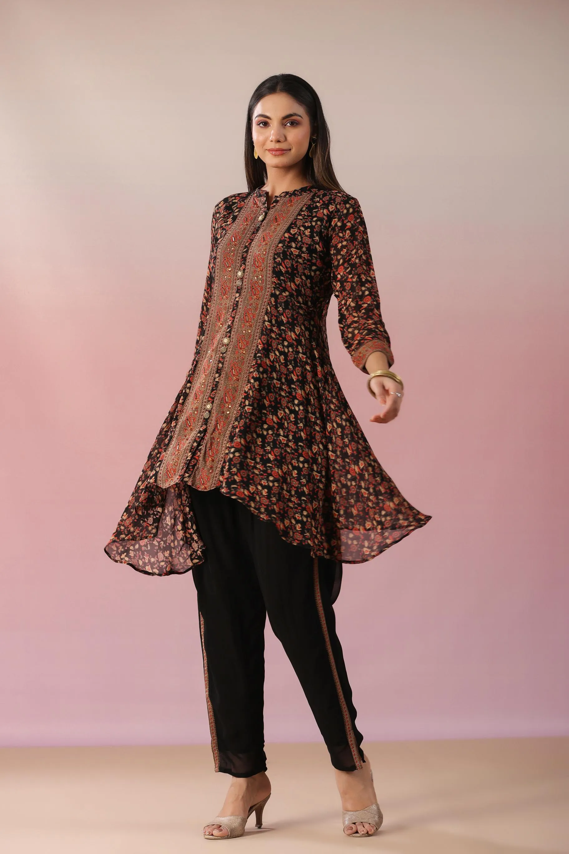 Black Floral Printed Swiss Georgette Silk Tunic & Pants Set