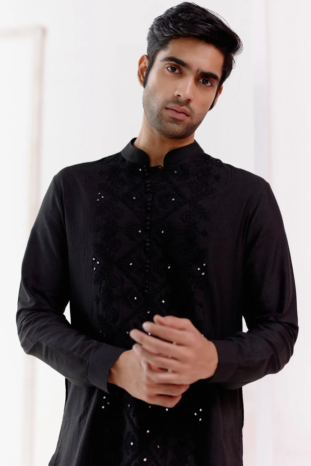 Black Silk Blend Embroidered Kurta Set