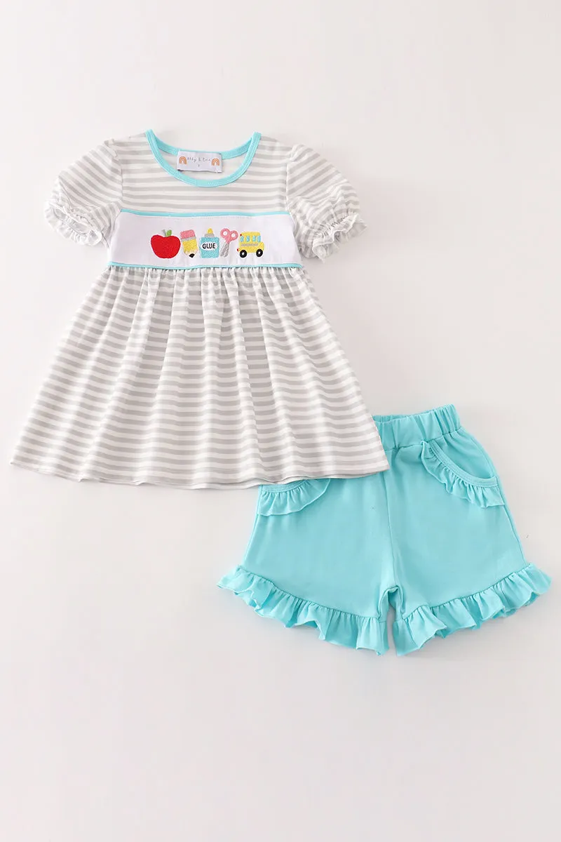 Blue apple embroidery girl set