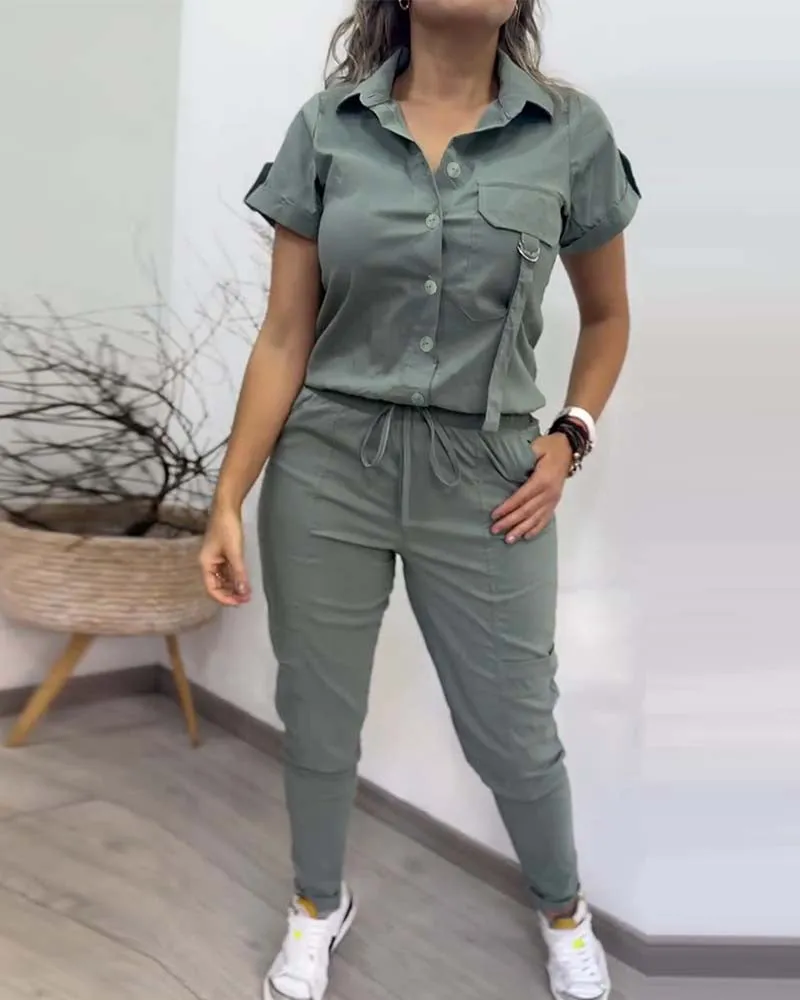 Buttoned Short Sleeve Top & Drawstring Skinny Pants Set