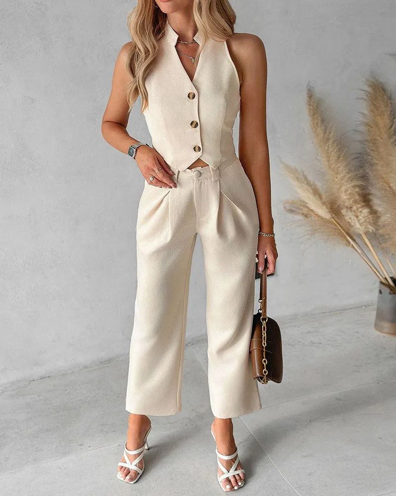 Buttoned Vest Top & Straight Leg Pants Set