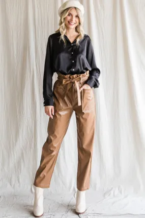 Camel Pleather Tie Waist Pants