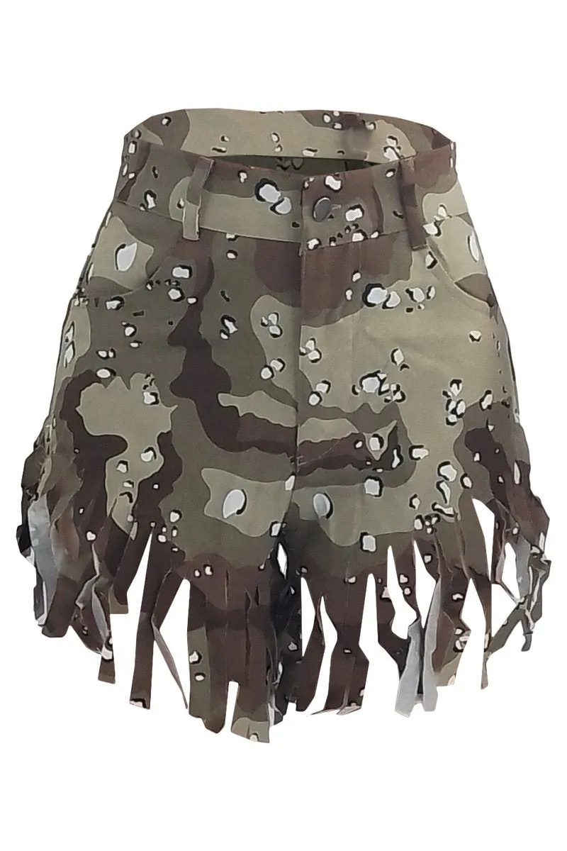 Camouflage Print High Waist Fringe Hem Short