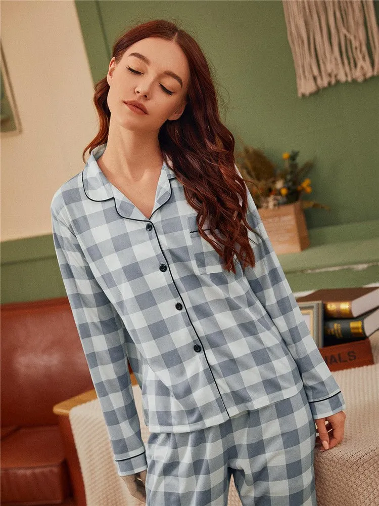 Checkered Pajama Set with Long Sleeve Shirt and Pants