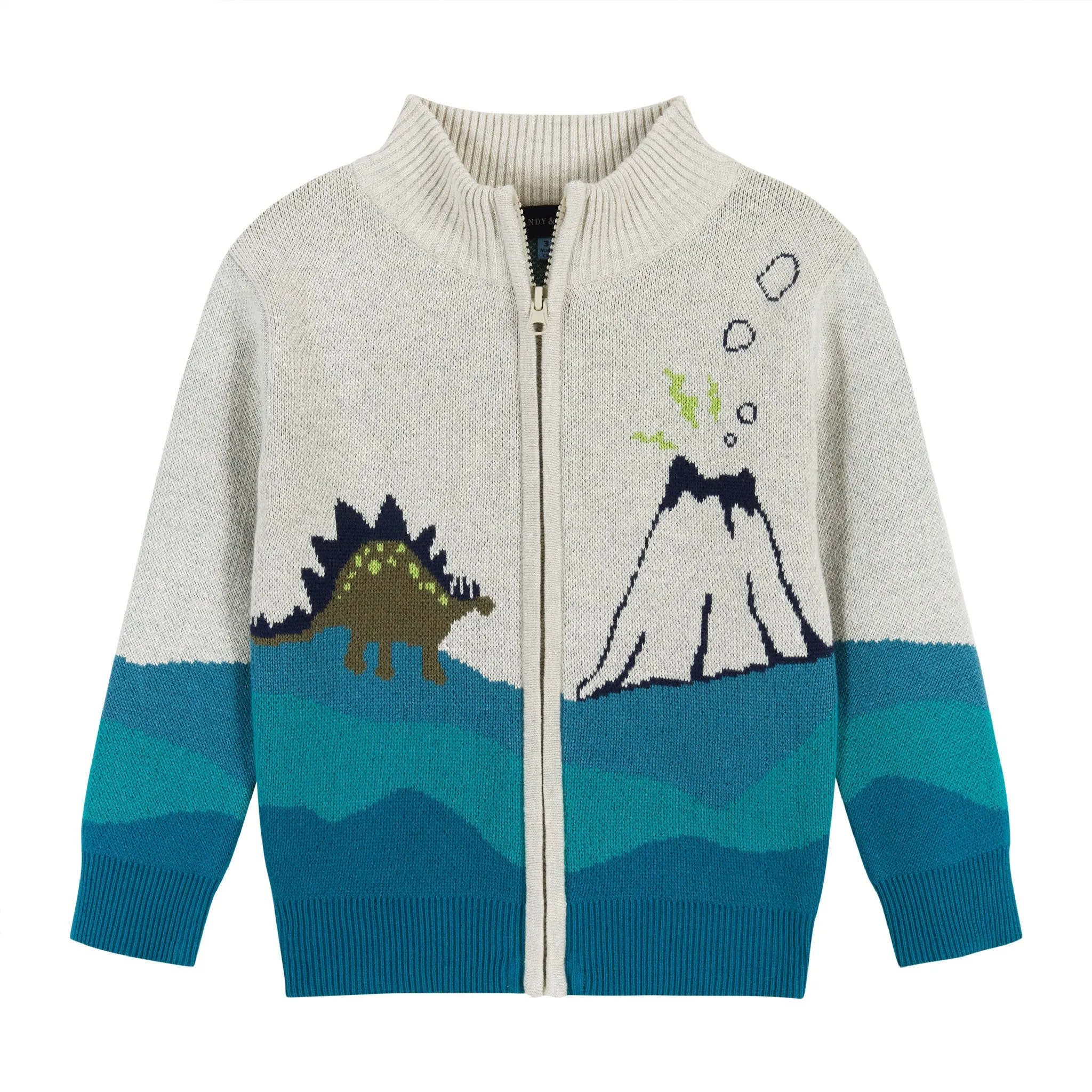 Dino Landscape Intarsia Sweater Zip-Up Set  | Blue Green