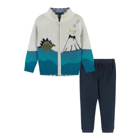 Dino Landscape Intarsia Sweater Zip-Up Set  | Blue Green