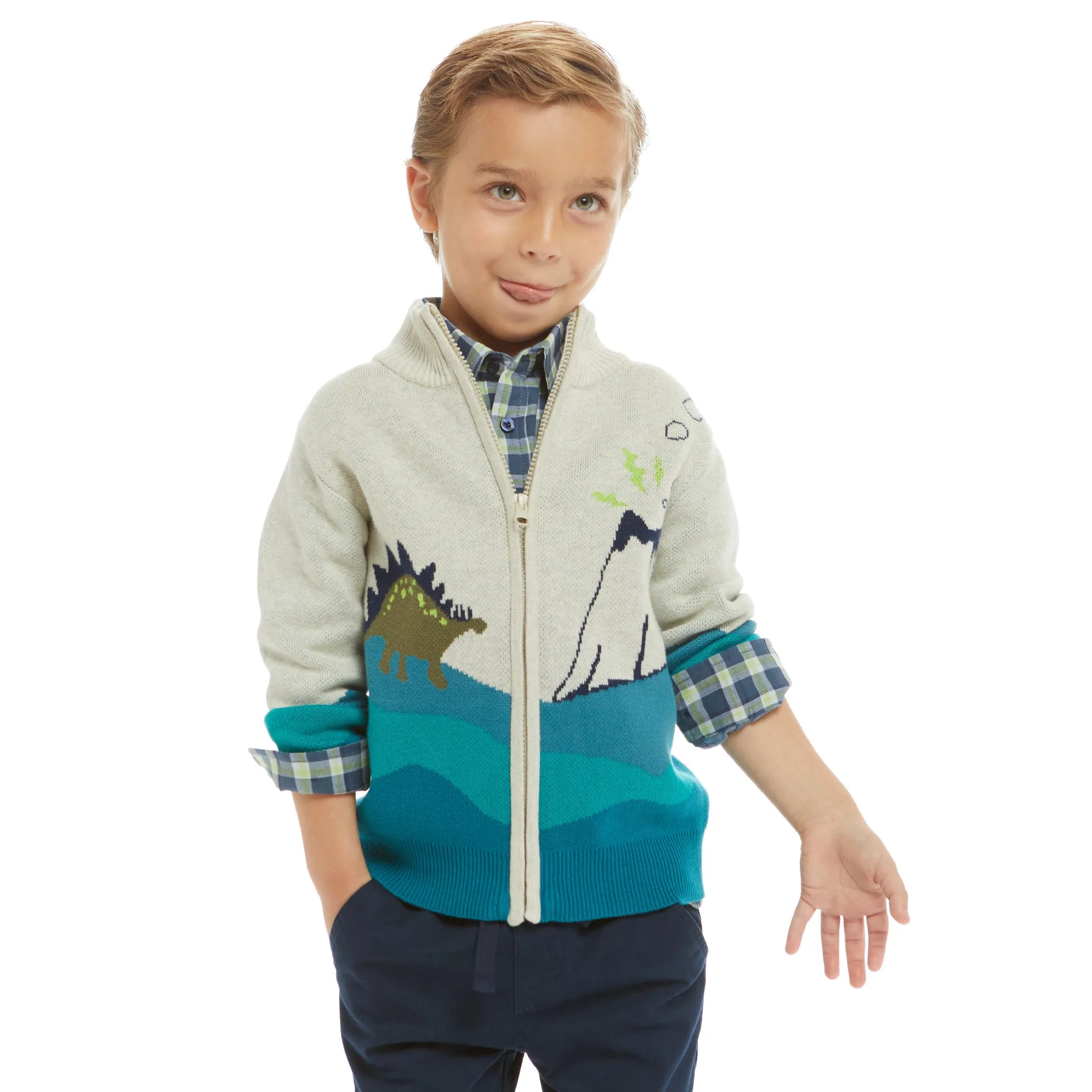 Dino Landscape Intarsia Sweater Zip-Up Set  | Blue Green