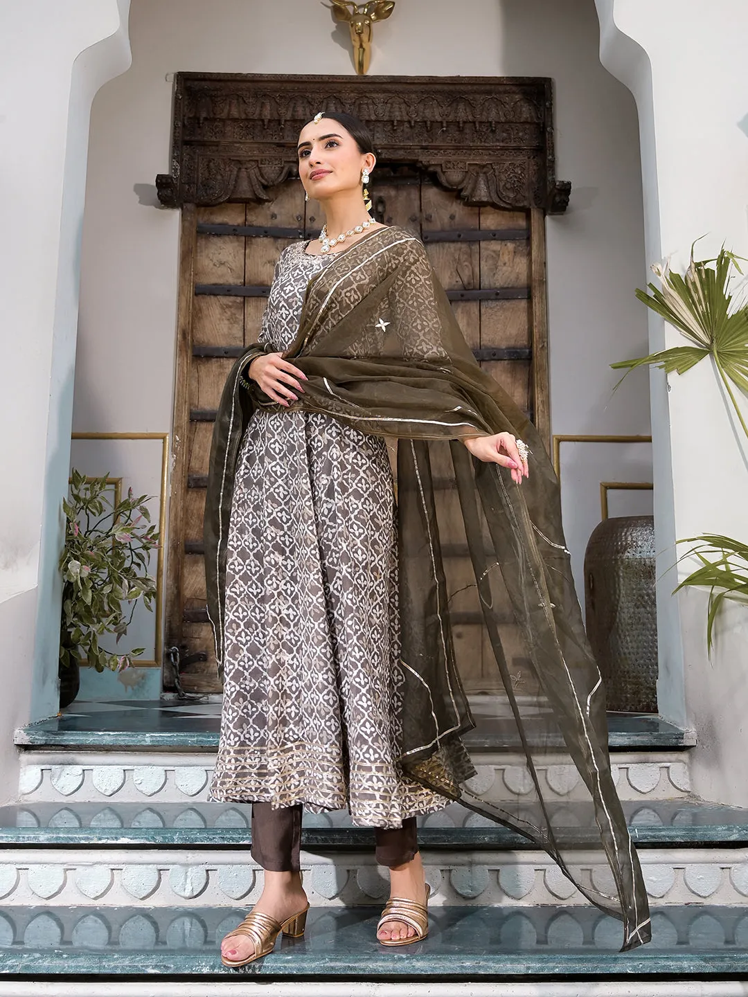 Divena Brown Asymetric Print Muslin Anarkali kurta pant with Dupatta Set