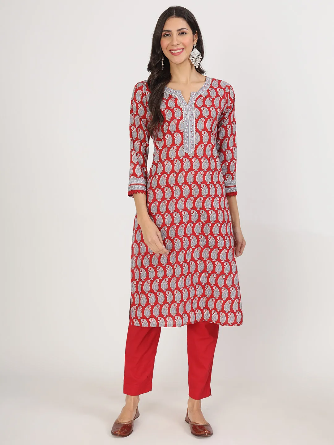 Divena Maroon Paisley Print Cotton Kurta pants with Dupatta set