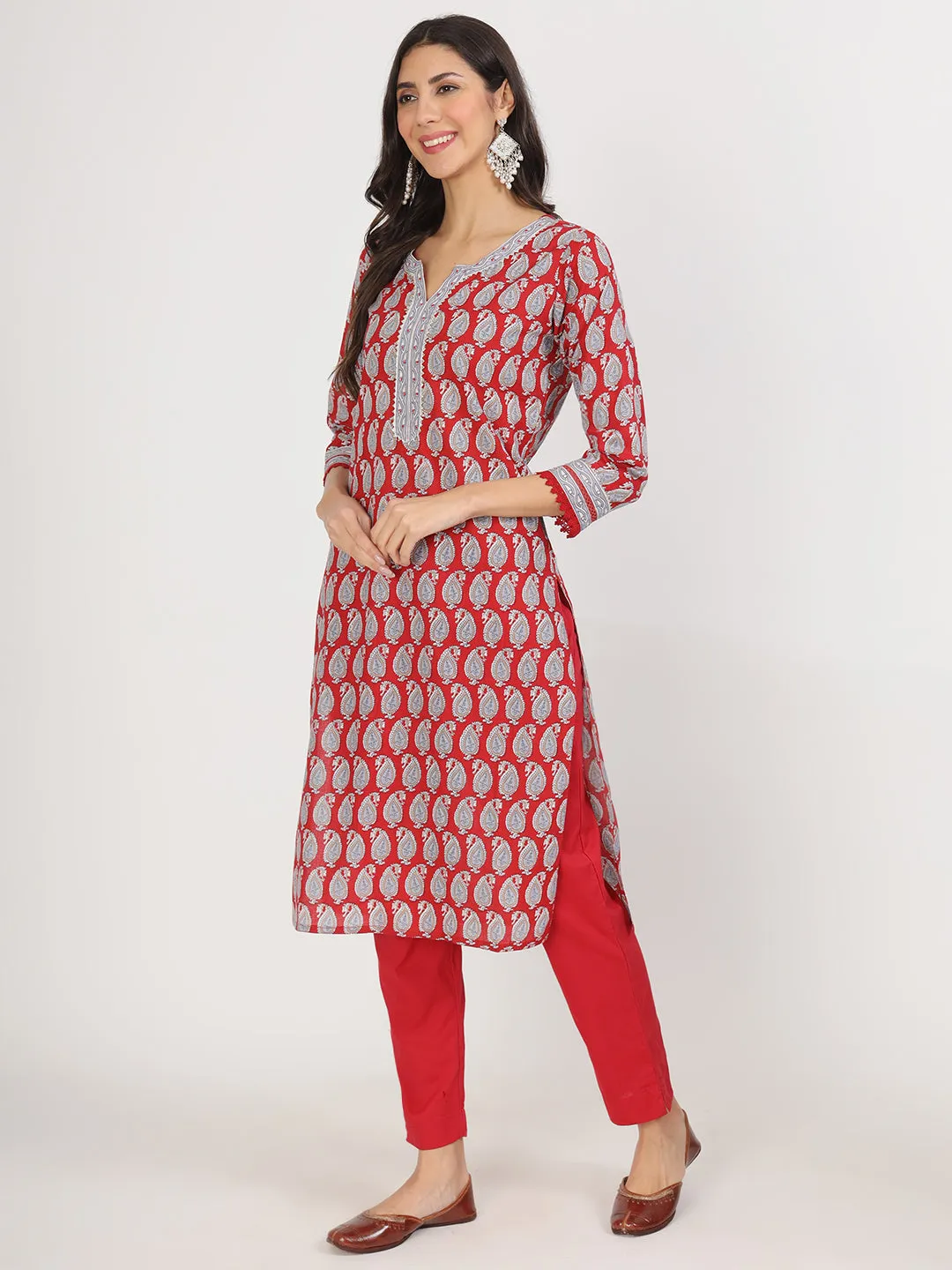 Divena Maroon Paisley Print Cotton Kurta pants with Dupatta set