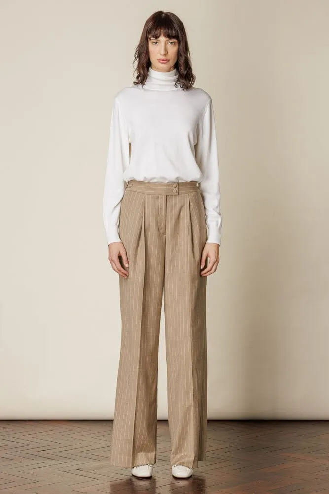 Emma Wide Leg Pant (with pleats) - Camel Stripe Flannel