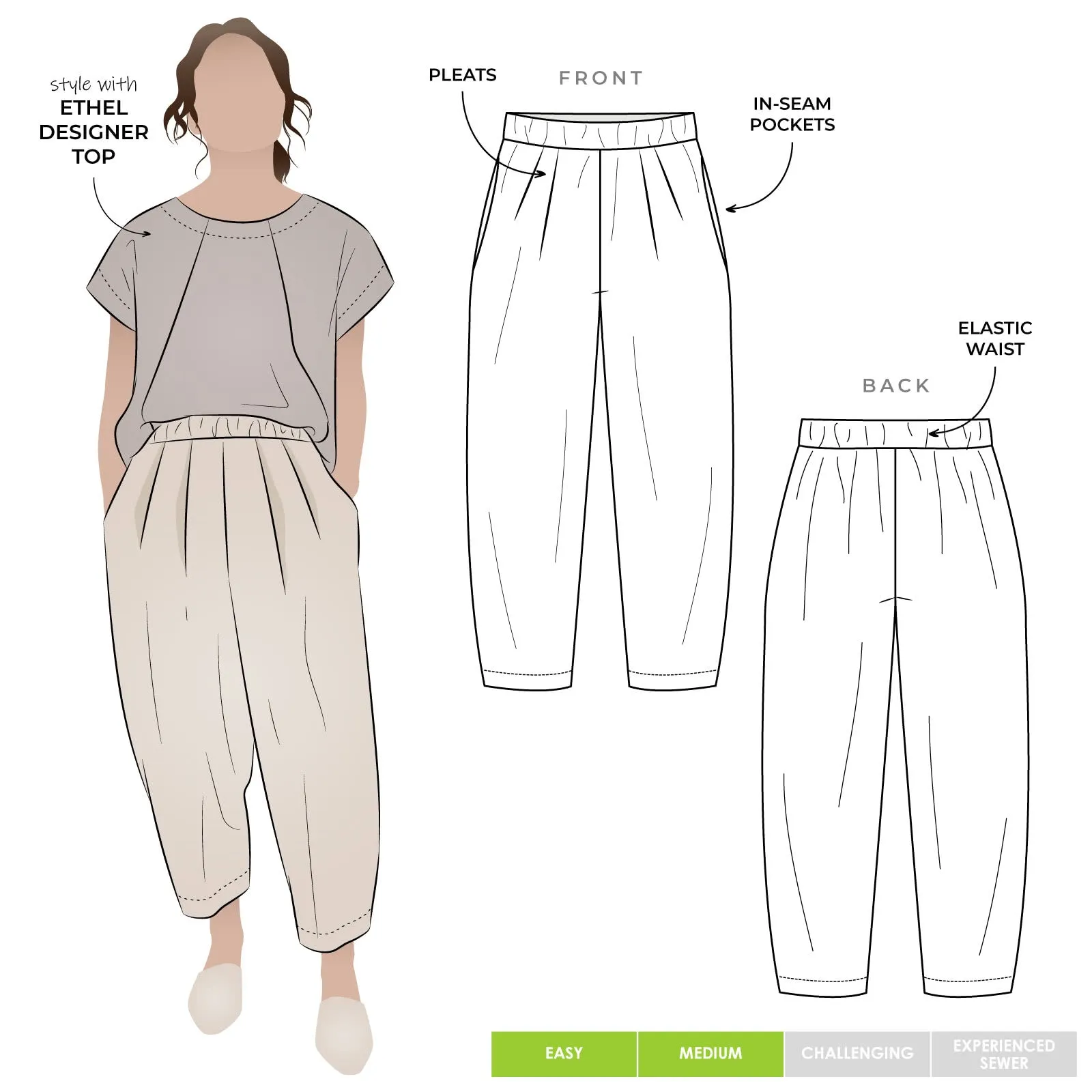 Style Arc Ethel Designer Gaucho Pants Sewing Pattern, US Sizes 0-26 - Tailored and Stylish