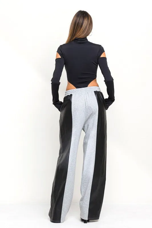 Half and Half Vegan Leather Detail Sweatpants