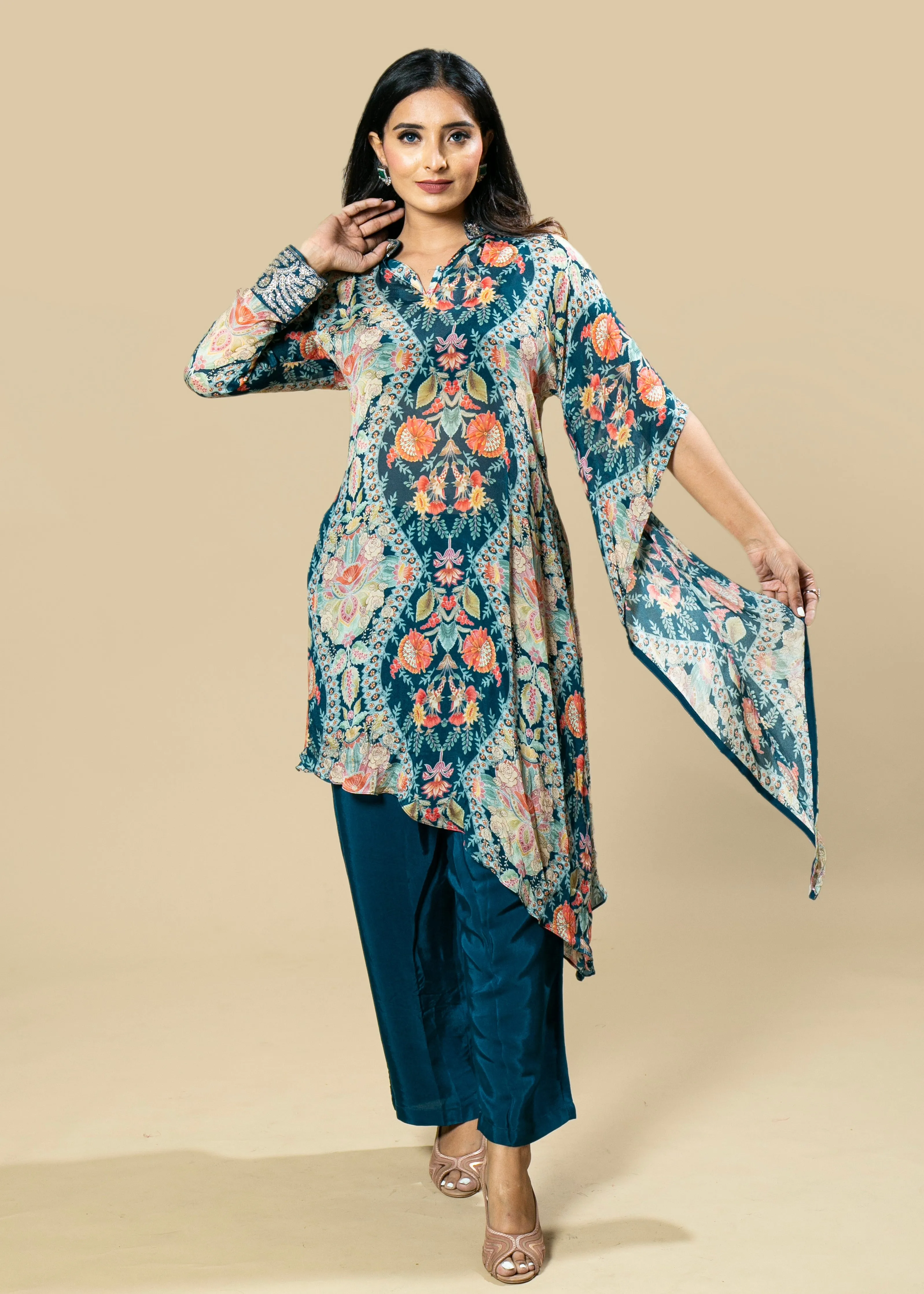 Hand-Embroidered Chinnon Georgette Printed Coord Set with Dupatta Sleeves