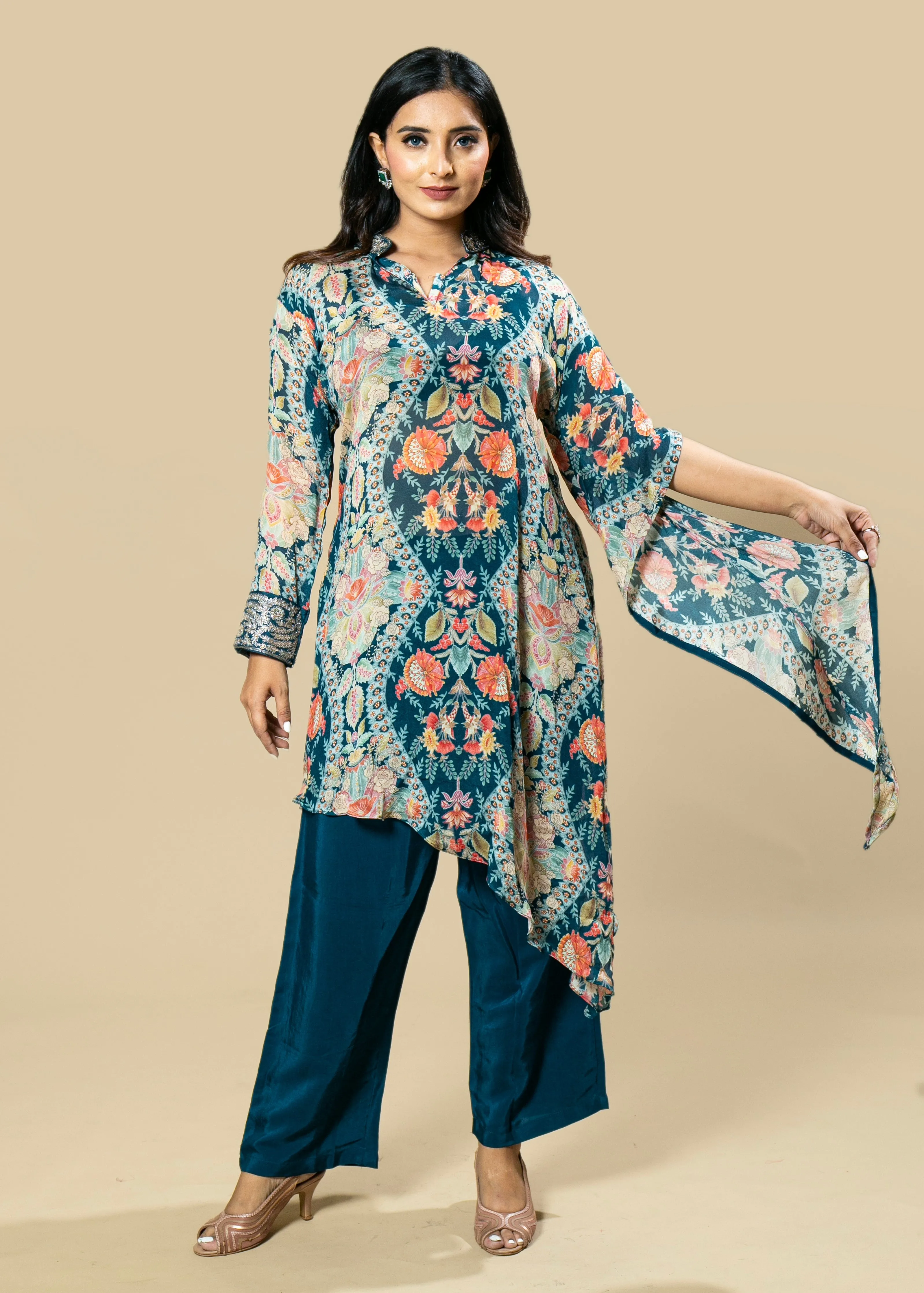 Hand-Embroidered Chinnon Georgette Printed Coord Set with Dupatta Sleeves