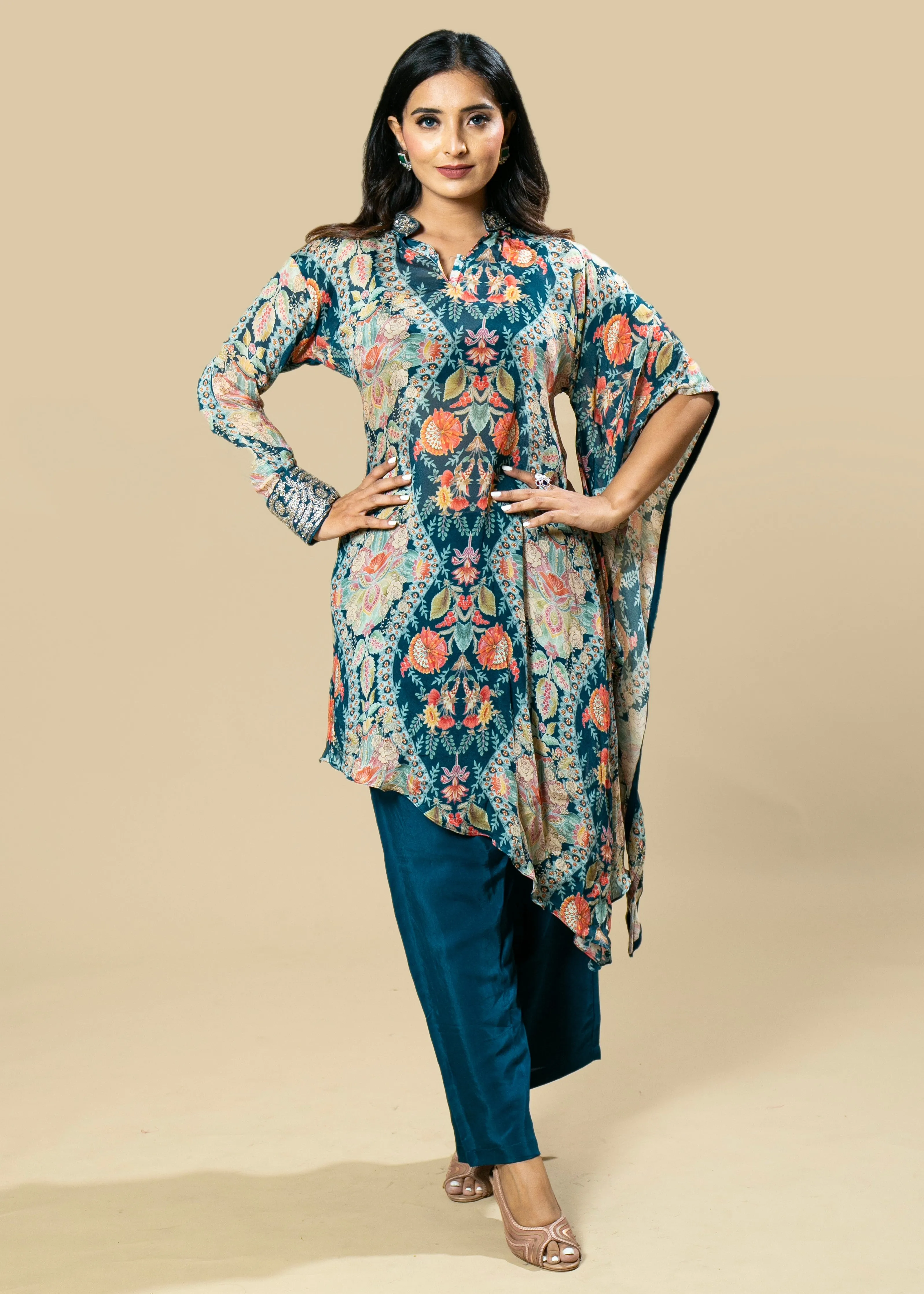 Hand-Embroidered Chinnon Georgette Printed Coord Set with Dupatta Sleeves