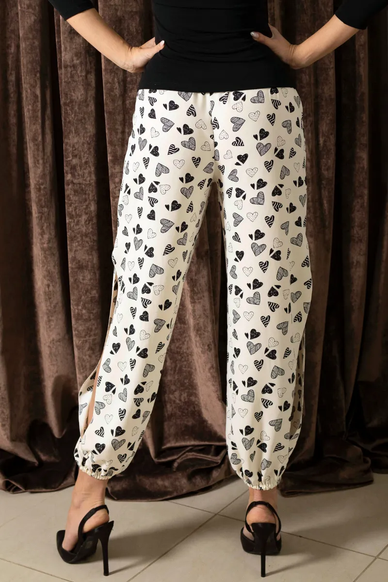 Heart Print Satin Gathered Tango Pants (L)