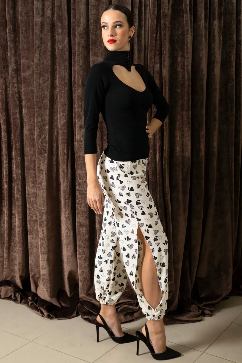 Heart Print Satin Gathered Tango Pants (L)