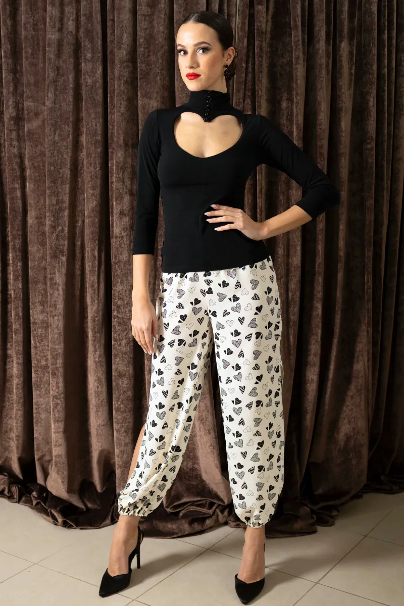 Heart Print Satin Gathered Tango Pants (L)