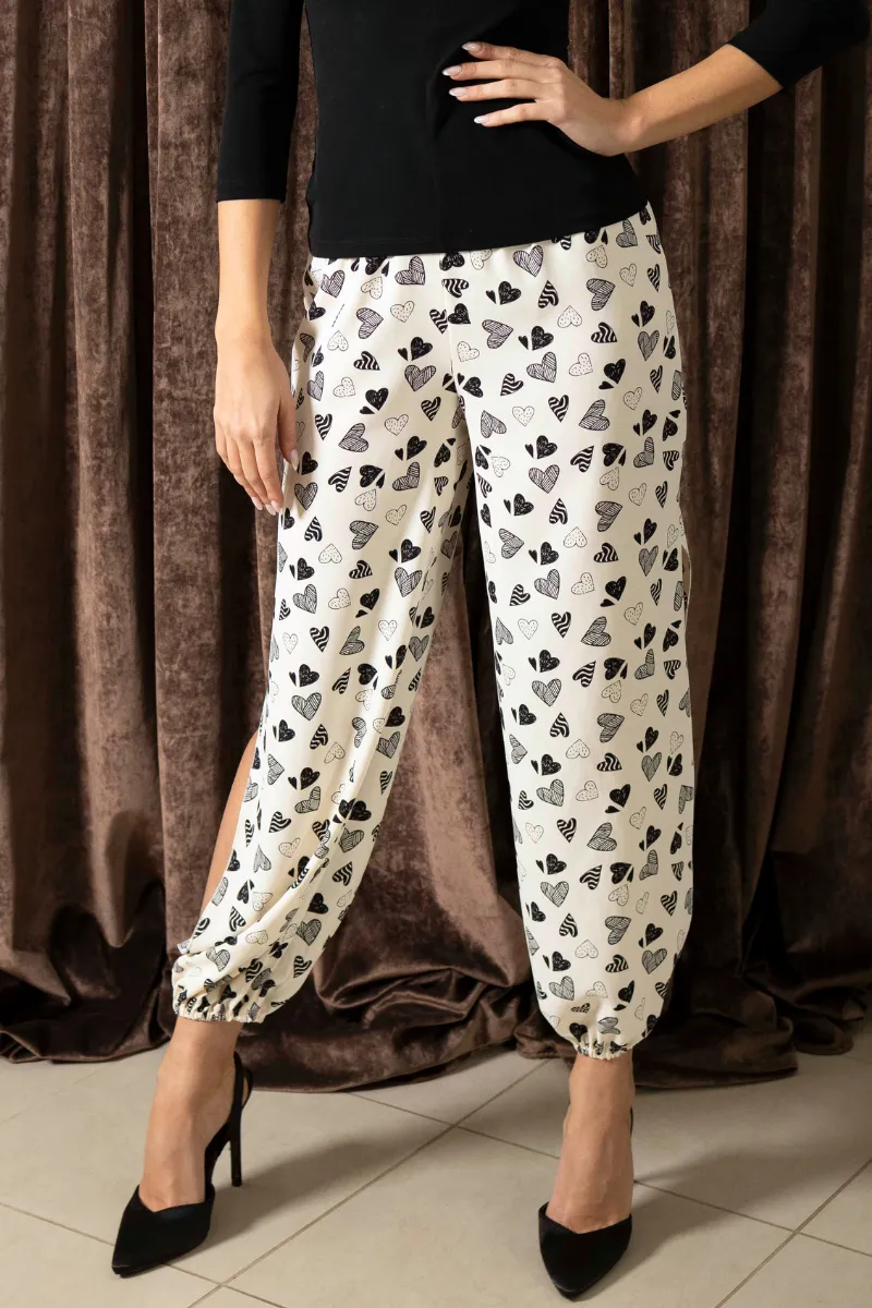 Heart Print Satin Gathered Tango Pants (L)