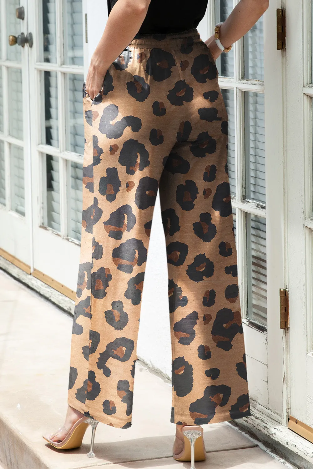 Leopard Drawstring Wide Leg Casual Pants