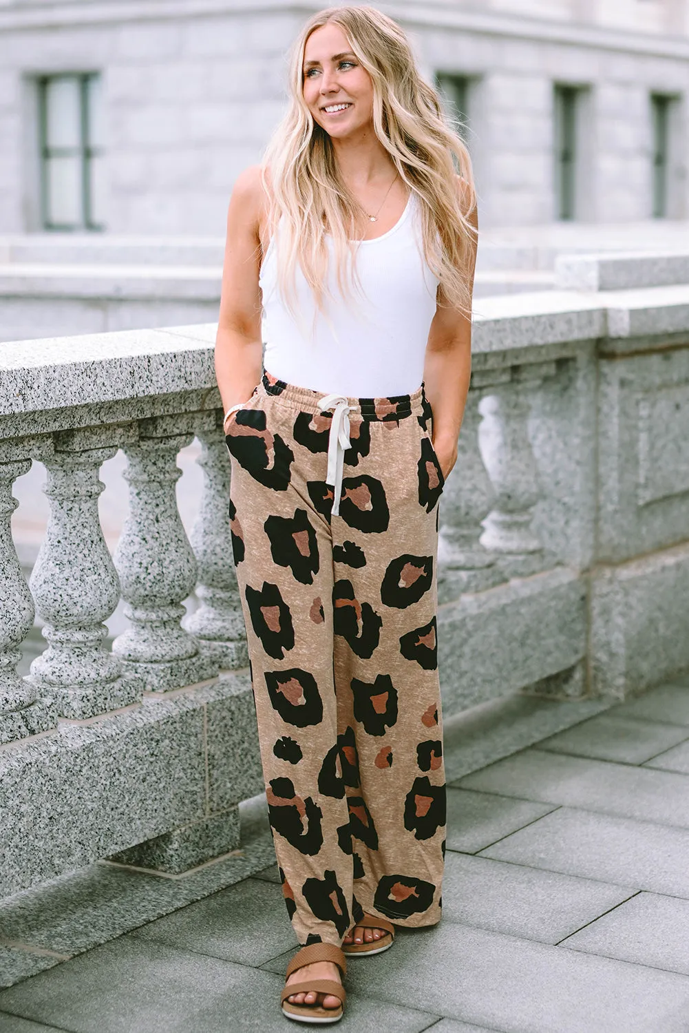 Leopard Drawstring Wide Leg Casual Pants