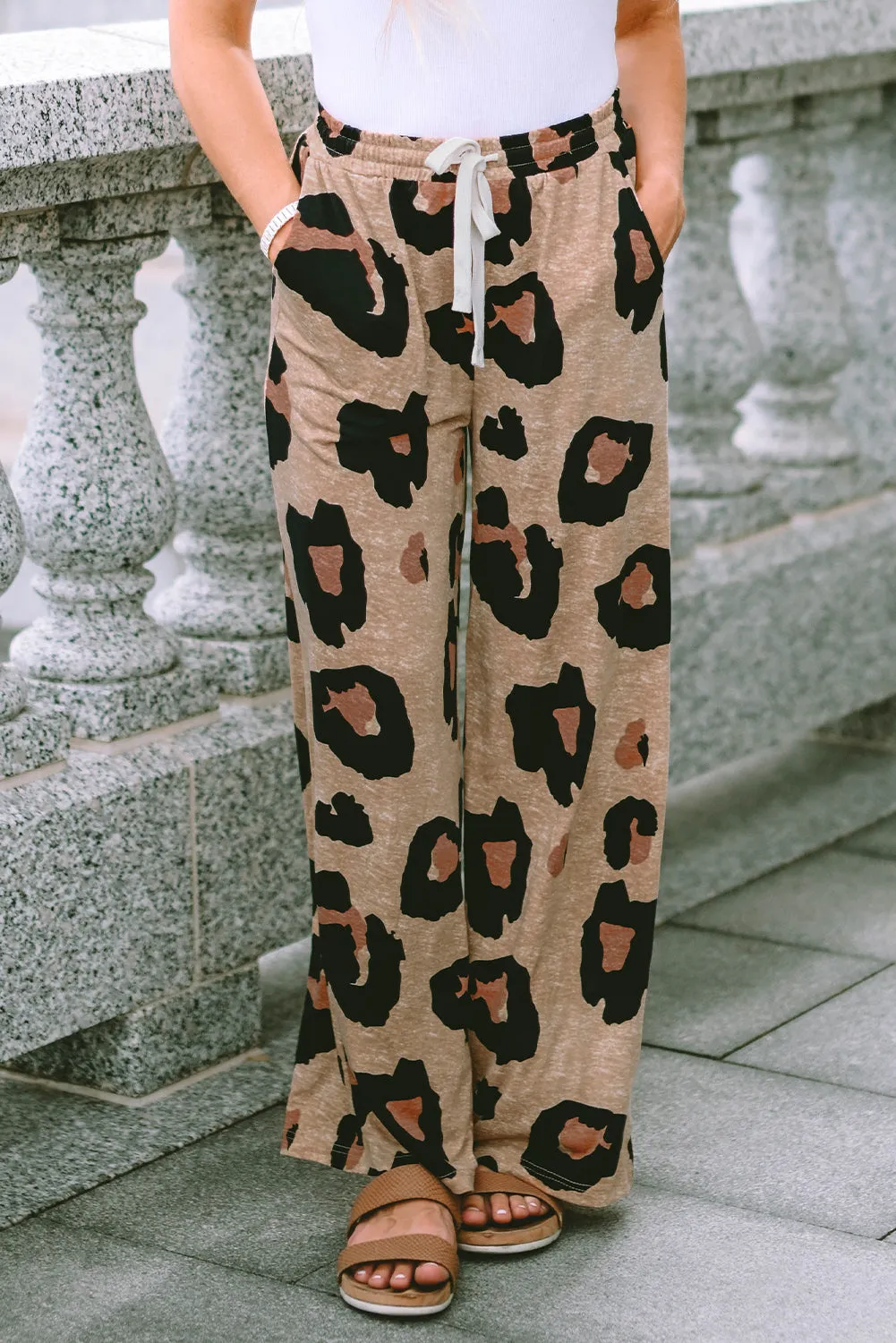 Leopard Drawstring Wide Leg Casual Pants