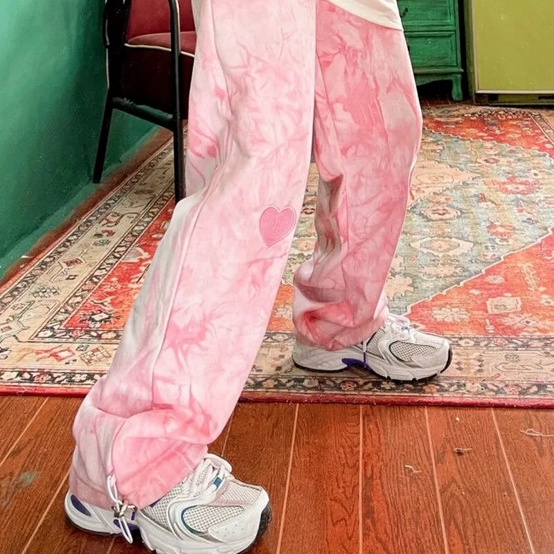 Tie-Dye Sweatpants With Heart Embroidery