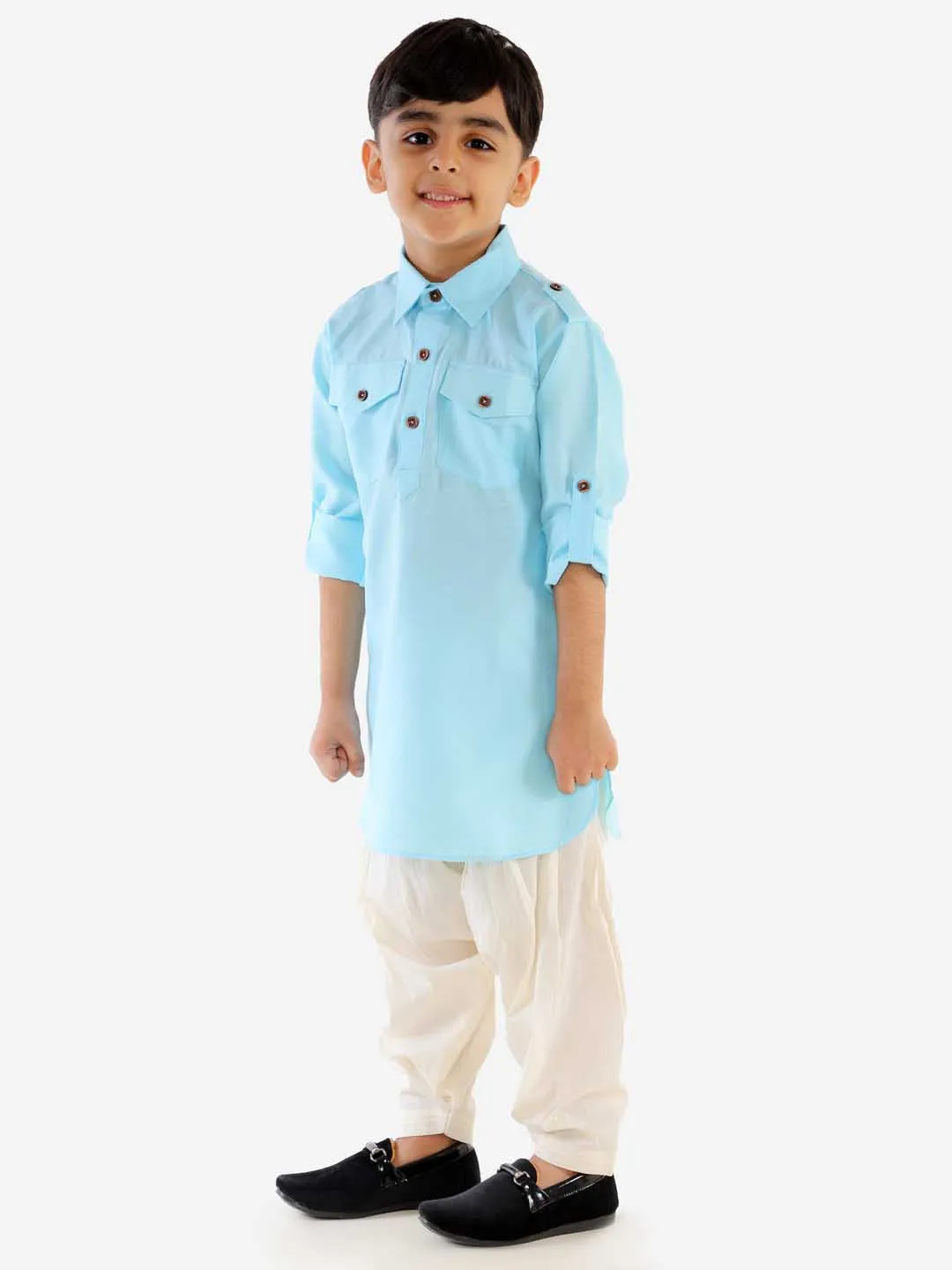 Vastramay Boy's Blue Cotton Blend Pathani Suit Set