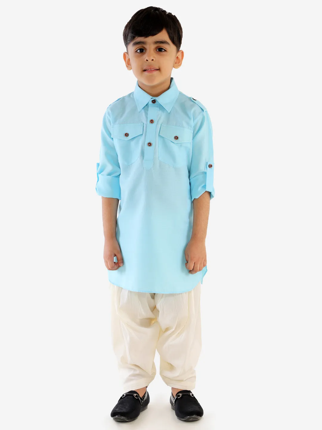 Vastramay Boy's Blue Cotton Blend Pathani Suit Set