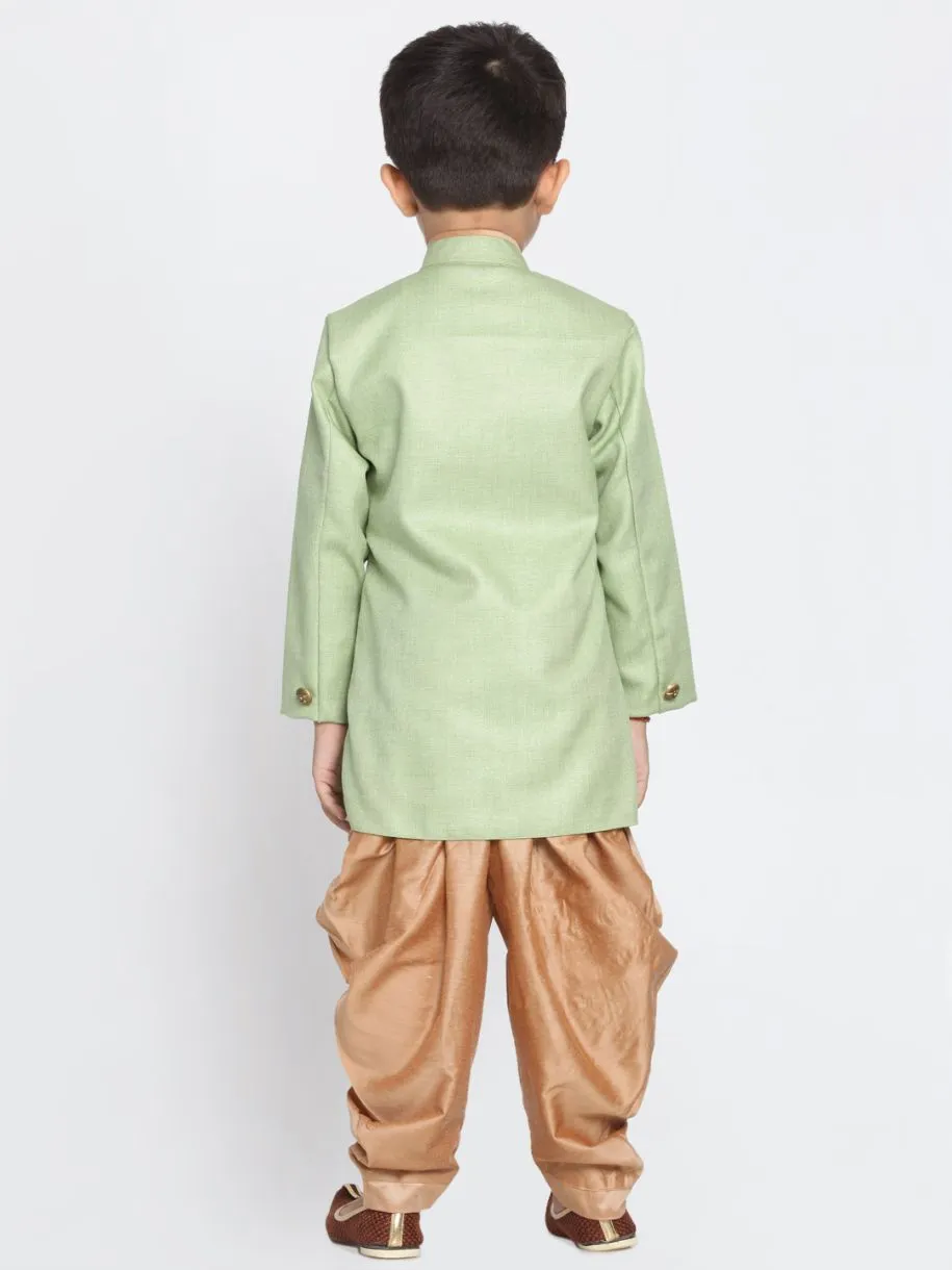 Vastramay Boy's Green Jute Silk Blend Sherwani Set