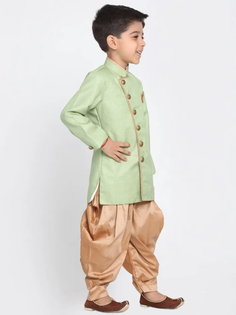 Vastramay Boy's Green Jute Silk Blend Sherwani Set