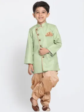 Vastramay Boy's Green Jute Silk Blend Sherwani Set