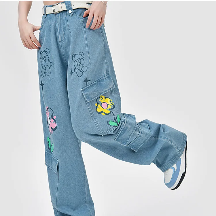 Y2K Style Denim Baggy Blue Bear Pants ON625