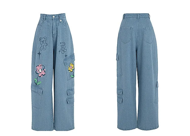 Y2K Style Denim Baggy Blue Bear Pants ON625