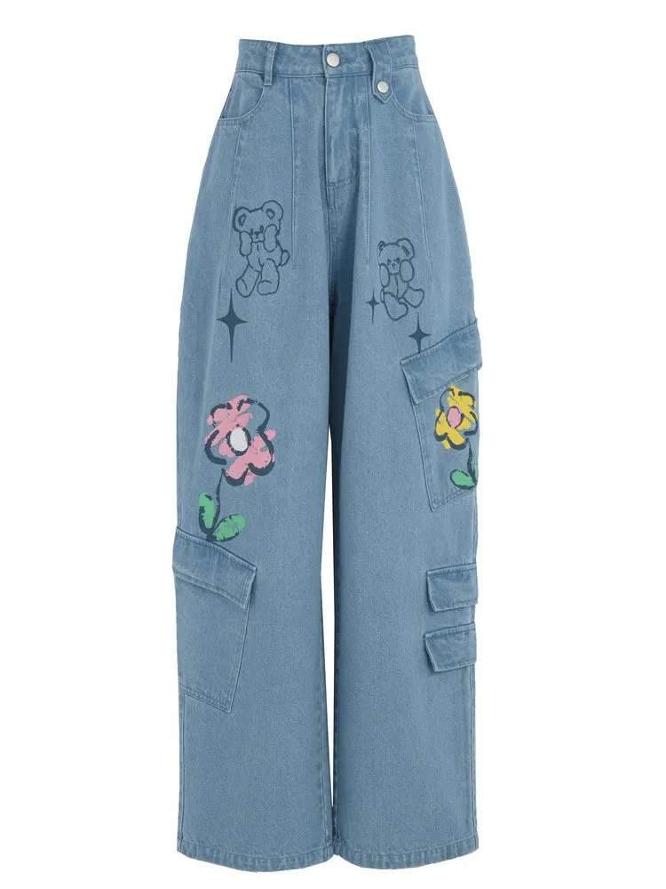 Y2K Style Denim Baggy Blue Bear Pants ON625