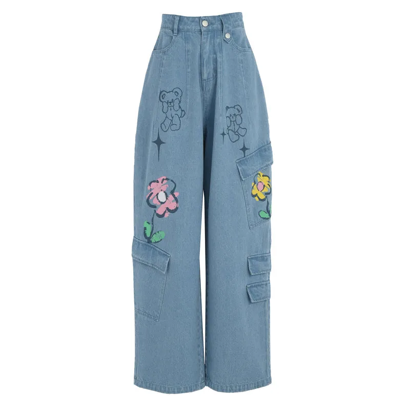 Y2K Style Denim Baggy Blue Bear Pants ON625